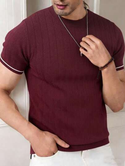 Men's Solid Color Crew Neck Short Sleeve Knit Pullover Sweater, Casual Versatile With Striped Contrast Cuffs, Spring/Summer