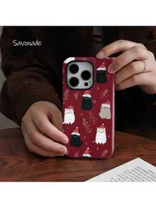 [Shipped from Mexico]Funda de Teléfono de Entrega Local: Funda de Teléfono con Ilustración de Gato Navideño, Adecuada para iPhone 17/16PM/15PM/13/13 Mini/12/11/XS Max/7/SE2, Acabado Brillante - Blanco - Ver 4