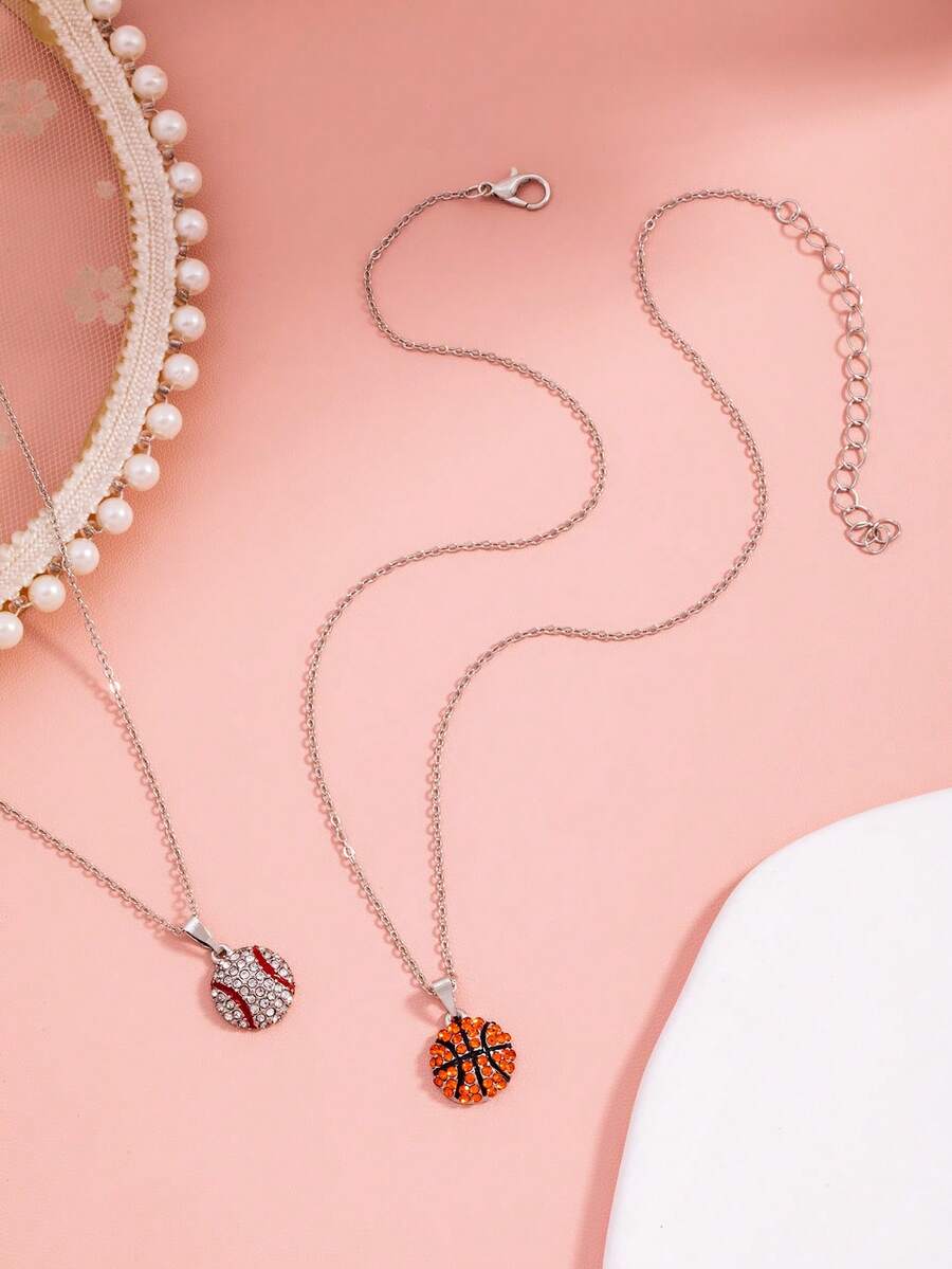 1pc Fashion Creative Sports Casual Style Rhinestone Basketball & Baseball Pendant Necklace, Unisex - Multicolor - View 1