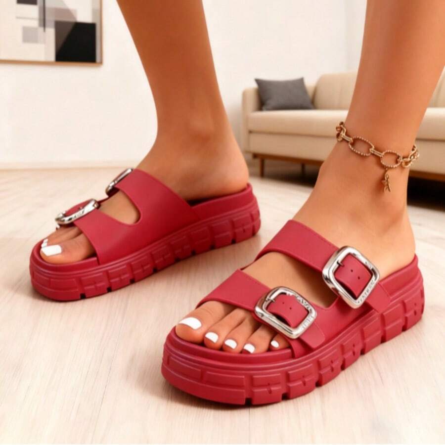 New Solid Color EVA Thick Sole Elevated One-Piece Stable Indoor Home Soft Comfortable Sandals For Women, Adjustable Double Strap Suitable For Students, Outdoor Travel, Beach, Shopping, Hiking, Shock-Absorbing Slippers,Must-Have Outfits For Valentine's Day - Đỏ - Xem 1