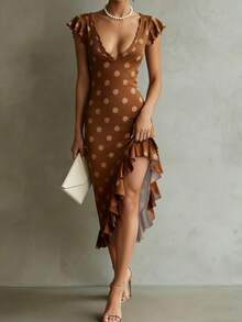 2026春夏深V领波点印花荷叶边不对称下摆性感连衣裙 - 棕色 - 查看 3