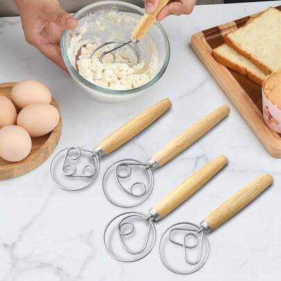 Stainless Steel Danish Egg Double Ring Whisk | Manual Mixer With Oak Handle, Easy To Use, Evenly Mixed, Suitable For Bread, Pastries, Whipping Cream, Kitchen Baking Tools - No Electricity Required