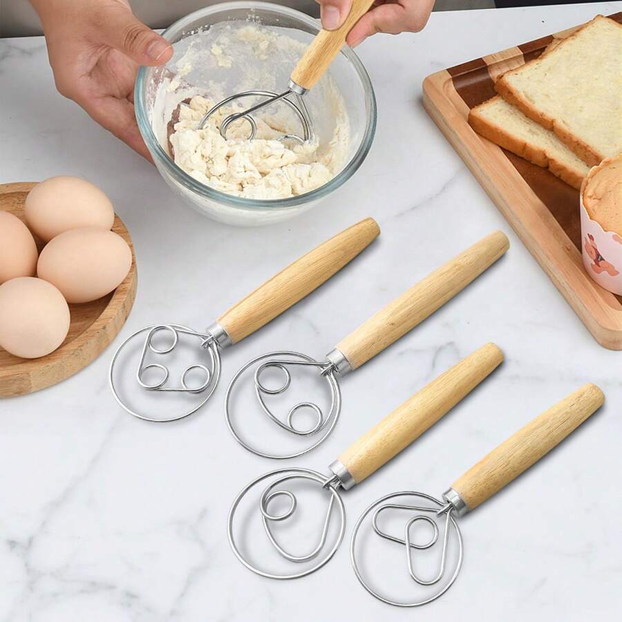不锈钢丹麦蛋双环打蛋器 | 手动搅拌器，橡木手柄，易于使用，搅拌均匀，适用于面包、糕点、打发奶油，厨房烘焙工具 - 无需用电 - - - 查看 1