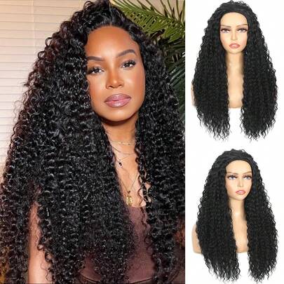 3-In-1 Synthetic Wig, Long Water Wave Black Wig , Seamless Flip-Over No Glue Beginner-Friendly Deep Wave Curly Wig With Drawstring Headband, Suitable For Everyday Wear