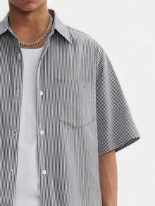 Men's Boxy Oversized Striped Button Up Shirt - màu đen - Xem 4