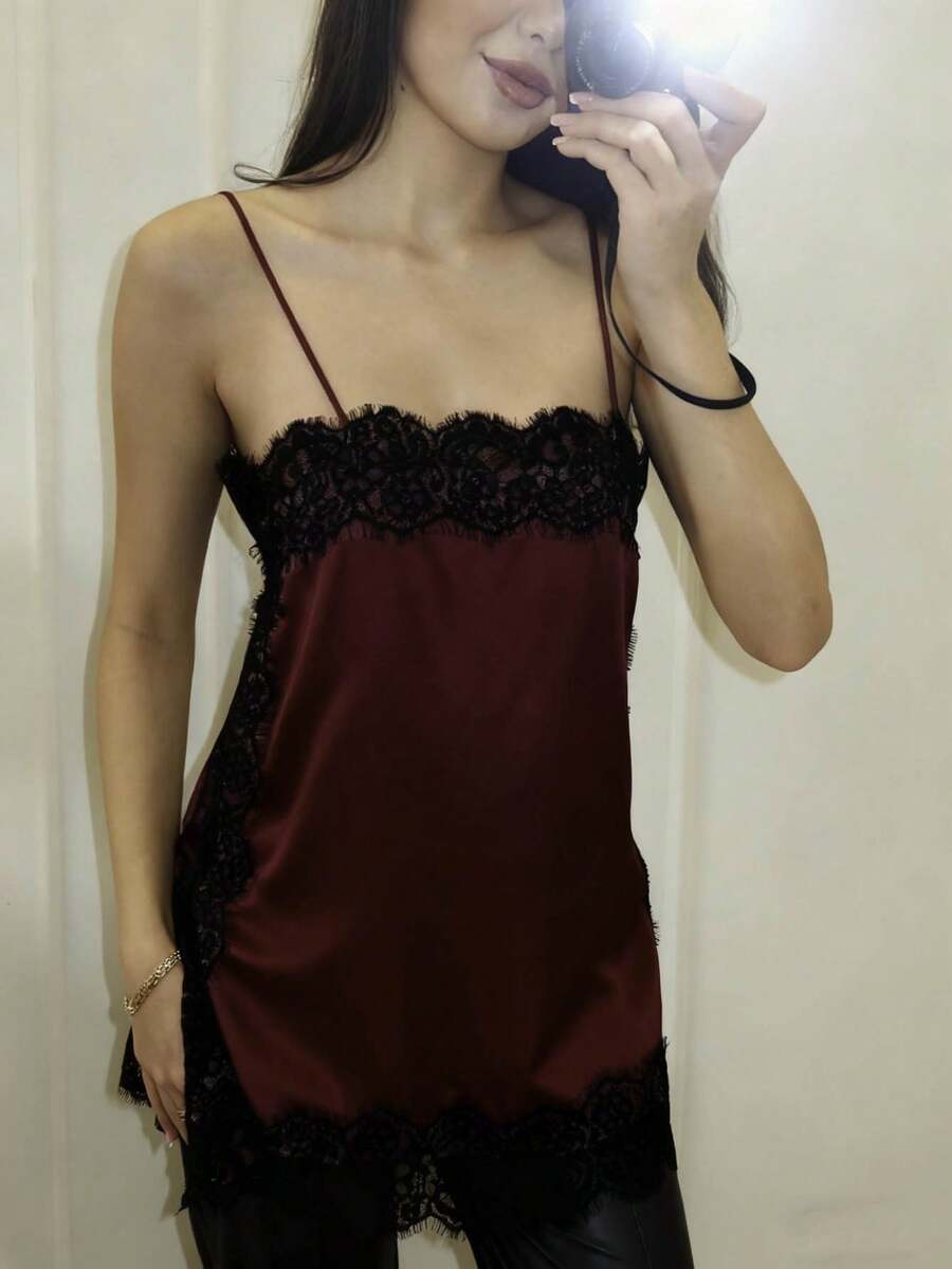 Women Y2k Lace Camisole Top Satin Square Neck Side Split Cami Silk Sleeveless Spaghetti Strap Loose Going Out Tank Backless Nightgown Sleepwear Sliky Short Wedding Nightgown,Party Streetwear,Rave Outfit,Club Outfits,Beach Vacation Outfits,Spring Break Outfits,Valentines Clothes,St Pattys Day Outfit,Easter Outfit - 酒紅色 - 查看 1