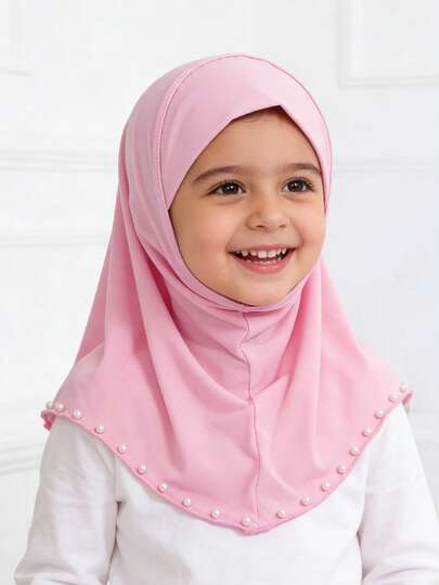 1pc Pink Ramadan Girls Headscarf - Easy Wear Quick Wrap Headscarf, Breathable Pearl Decor Headscarf, Suitable For Ramadan And Eid Celebrations