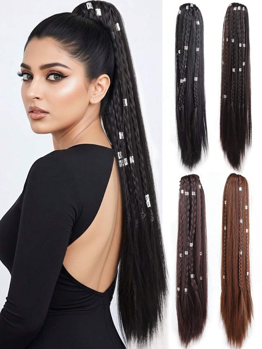 Tóc giả tổng hợp dài 20 inch, kiểu đuôi ngựa thẳng, kẹp năm bím, chịu nhiệt, phù hợp cho phụ nữ sử dụng hàng ngày và các buổi tụ họp. - Nhiều màu - Xem 1