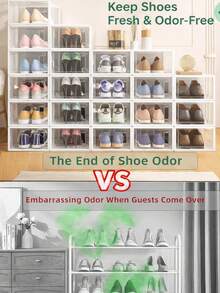 vexelfox Shoe Storage Box Set Of 6/12, Clear Plastic Stackable Shoe Organizer For Closet, Foldable Sneaker Storage Containers With Lid, Space Saving Shoe Boxes Fit Size 12 - trắng - Xem 4