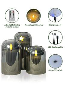 3 piezas de luces de velas sin llama recargables con temporizador y control remoto, velas LED recargables que no se derriten, color marfil, velas con llama cálida, adecuadas para el hogar, Halloween, Navidad, San Valentín, regalos, cumpleaños, bodas, fiestas, diferentes luces de ambiente para días festivos - Gris - con cable de carga - Ver 10