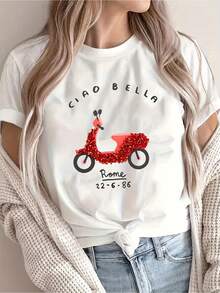 Women's Italian-Themed "Ciao Bella" Scooter & Rome Graphic T-Shirt - Short Sleeve Round Neck Loose Fit Casual Summer Blouse - Italian Phrase Top For Casual Attire & Italian Outfits - trắng - Xem 1