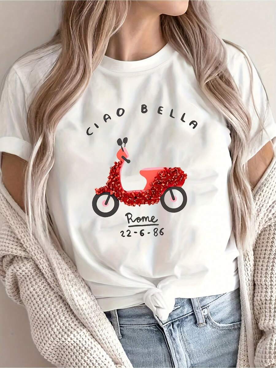 Women's Italian-Themed "Ciao Bella" Scooter & Rome Graphic T-Shirt - Short Sleeve Round Neck Loose Fit Casual Summer Blouse - Italian Phrase Top For Casual Attire & Italian Outfits - 白色 - 查看 1