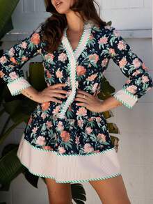 Acelitt Spring Women's Elegant Blue Floral Print Striped Edging V-Neck Long-Sleeved Ruffle Skirt Mini Dress - Multicolor - View 3