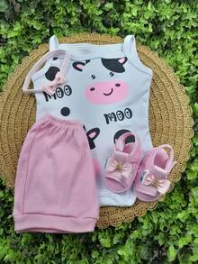 Baby Girl Set: Sandals With Headband, Bodysuit, And Shorts For Monthly Milestone Photos, Printed Summer Design, 100% Suedine - Hồng - Xem 3
