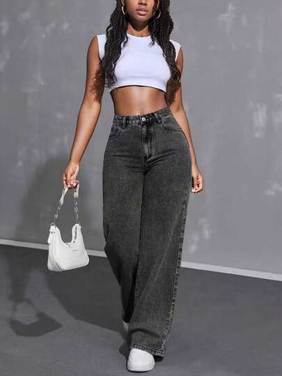 YANGCANREN Teenager Mädchen Einfarbige Gerade Bein Lässige Lose Taille Verstellbare Sommer Jeans
