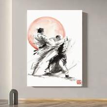 Framed 2D Flat, 1pc Framed Martial Arts Ink  Canvas Poster -  Martial Arts Scene With Red Circle Background, Ready-To-Hang Framed Wall Decor For Living Room, Office, Dojo, Birthday, Halloween, Housewarming - Modern/Classic/Contemporary Asian-Inspired Home Decoration Gift, Office Artwork, Traditional Japanese Art, Readytohang Artwork, 2D Flat Canvas S-FramedMartial - Arts Ink  Art, Posters And Prints, Living Room, Bar, Cafe, Birthday Gifts, Home Decor, Holiday - 框架 - 查看 2
