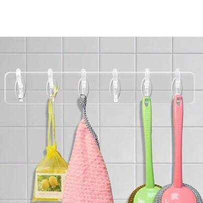 6-Hook Modern Wall Mounted Storage Rack, Transparent Plastic Adhesive Hooks, Suitable For Bathroom, Kitchen, Cabinet - No Drilling Required, Strong Adhesive For Easy Installation