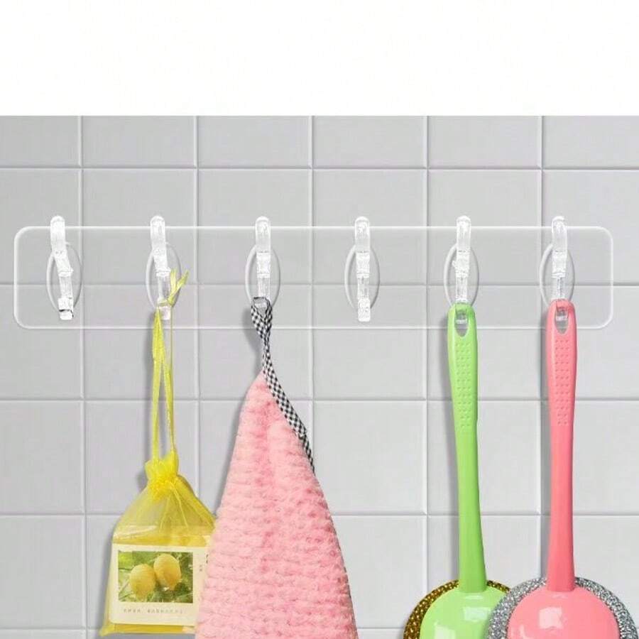 6钩现代壁挂式收纳架，透明塑料粘钩，适用于浴室、厨房、橱柜 - 无需钻孔，强力粘胶，安装简便 - 透明 - 查看 1