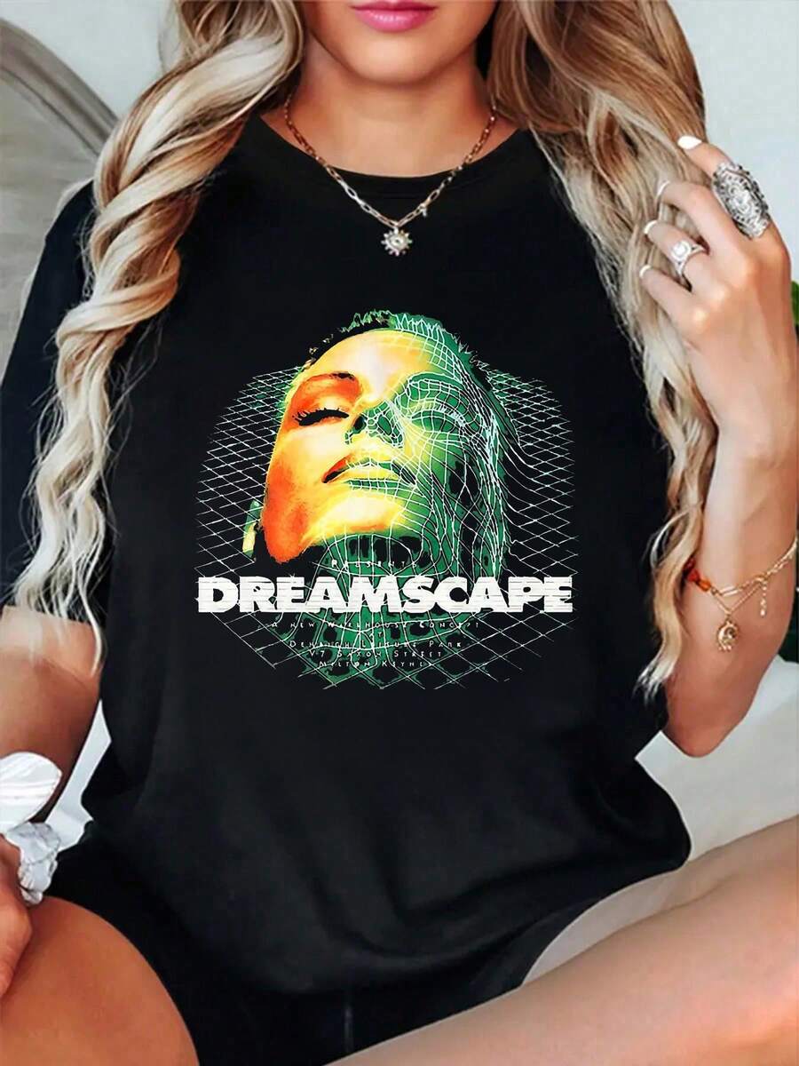 Camiseta de algodón 100% con diseño de arte de cuadrícula de paisaje de ensueño, cuello redondo, manga corta, moda urbana, transpirable, suave, unisex - Negro - Ver 1