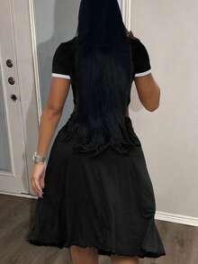 LovelyWholesale Ensemble d'été pour femmes composé d'un Top court à col rond et manches courtes, et d'une jupe mi-longue, pour le printemps et l'été - Noir - Voir 3