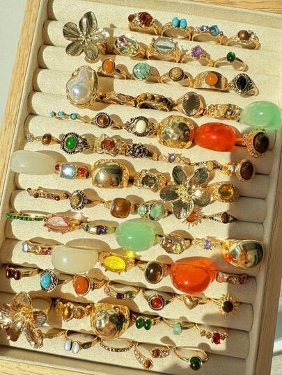 4/10/11/15/20/25 piezas Juego de anillos de lujo vintage, Juego de anillos de resina con flores y perlas versátiles, Regalo de joyería para mujeres