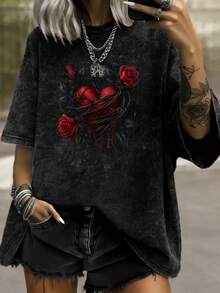 大码女式短袖休闲红色玫瑰印花水洗T恤，可机洗，舒适宽松版型，适合所有季节，情人节礼物，黑色夏季款 - 黑色 - 查看 2