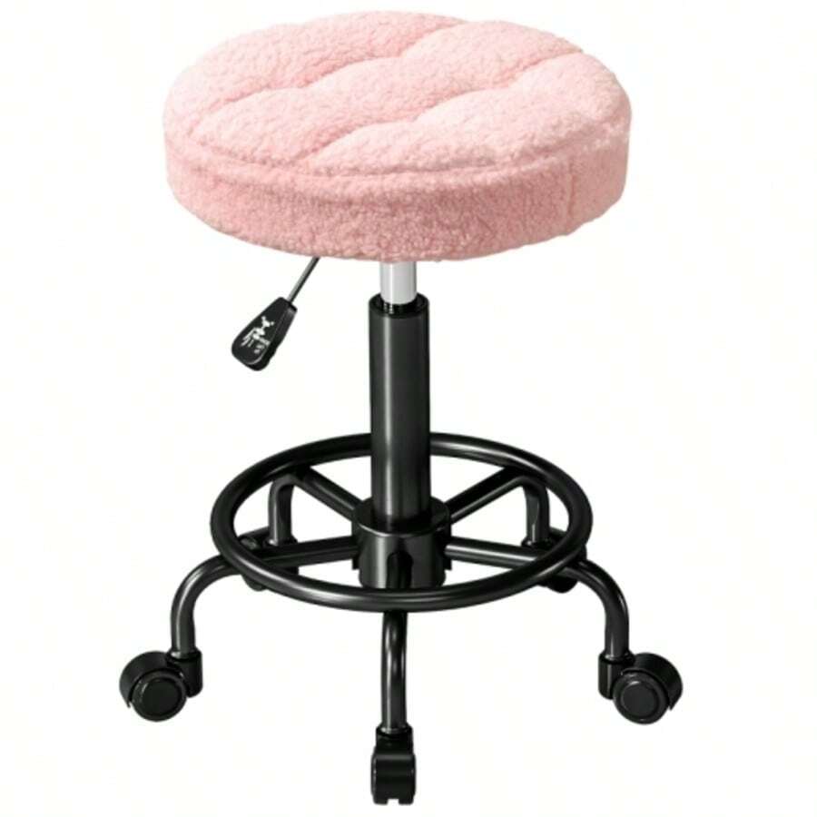 Regulowany pod względem wysokości stołek na kółkach, obrotowy w zakresie od 50 do 66 cm, z możliwością obrotu o 360°, idealny do biur, salonów kosmetycznych, gabinetów masażu i spa. Kolor: różowy. - Różowy - Zobacz 1