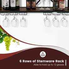 COSTWAY Wall Mounted Wine Rack, Wine Display Shelf W/ Wine Bottle Rack & 6 Rows Of Stemware Holder, Wine Storage Rack For 39 Bottles & 12 Glasses, Suitable For Kitchen, Living Room, Dining Room, Brown - Brown - View 5