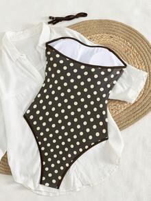 Women's Polka Dot Print Spaghetti Strap One-Piece Swimsuit, Beach Vacation Summer - Brown - View 4
