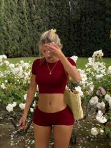 Red High Elasticity Cropped Tight Fit Casual Sports Tee, Basic Vacation T-Shirt For Women, Valentine's Day Summer - Burgundy - View 8