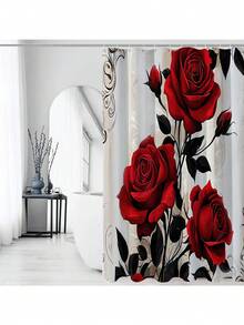 1/4 件套精美玫瑰花浴帘套装，装饰浴室套装，包含印花浴帘、防滑浴垫、马桶盖套、浴室地毯和 12 个塑料挂钩，浴室配件，家居装饰，宿舍装饰，农舍装饰 - 彩色 - 查看 6
