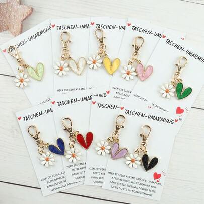 Set de 9 llaveros con forma de corazón, emparejados con flores de margarita blanca, incluye tarjeta de agradecimiento en alemán, un regalo pensativo para maestros, mejores amigos, parejas, adecuado para cumpleaños, fiestas, Navidad, Acción de Gracias, Día de San Valentín, un elegante regalo con forma de corazón.