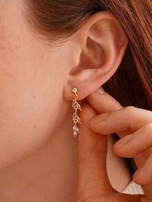 14K镀金长款立方氧化锆水滴形吊坠耳环，优雅新娘婚礼耳环，伴娘水滴形耳环，正式场合首饰 - 金色 - 查看 2