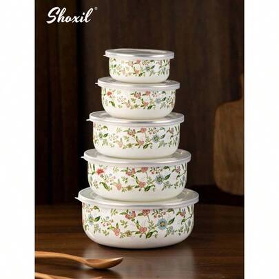 shoxil 3/5PCS Enamel Mixing Bowls Set, Nesting Storage Bowls Set With Lids, Fruit Cereal Ice Cream Salads Prepared Bowls, Serving Bowls, Nesting Food Storage Container For Home Kitchen Camping, Ramadan, Eid Al-Adha
