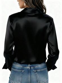 Spring Satin Notch Lapel Blouse Women - Elegant Business Casual Office Button-Down Top - 黑色 - 查看 2