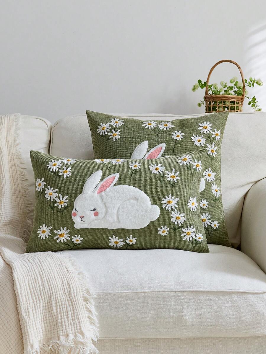1pc Easter Green Rabbit Embroidered Throw Pillow Cover, Spring Floral Cushion Cover, Suitable For Indoor Decor, Spring/Summer Pillow Sham, Pillow Insert Not Included