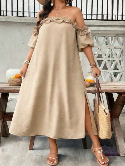 Plus Size Women Solid Color Ruffle Off-Shoulder Loose Side Slit Hem Dress, Vacation