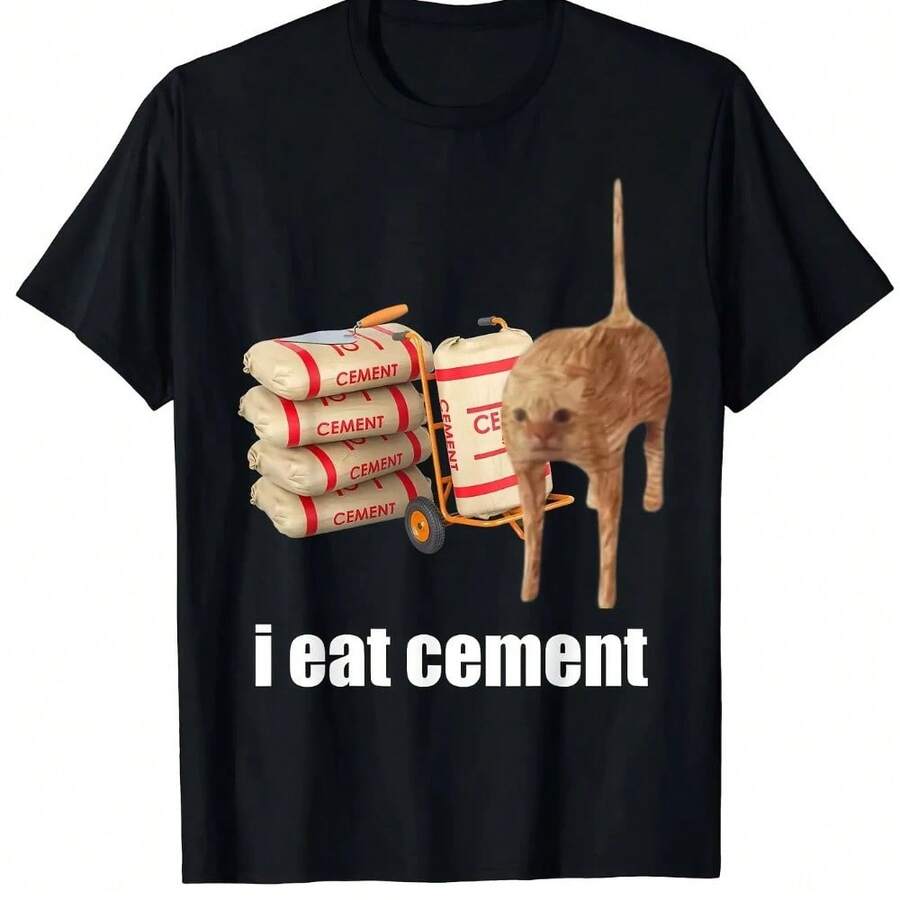 Camiseta Casual de Verano para Hombre con Estampado Gráfico "I Eat Cement" Negra de Manga Corta Cuello Redondo Tela de Estiramiento Medio Ajuste Regular - Negro - Ver 1