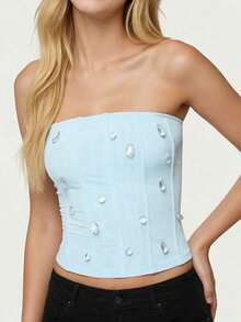 Women Tube Tops Sleeveless Strapless Rhinestone Decor Slim Fit Summer Crop Vest - Sky Blue - View 5