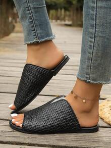 44码镂空黑色休闲舒适平底凉鞋，拼接设计，适合海滩、度假、约会、情人节等场合。 - 黑色 - 查看 5