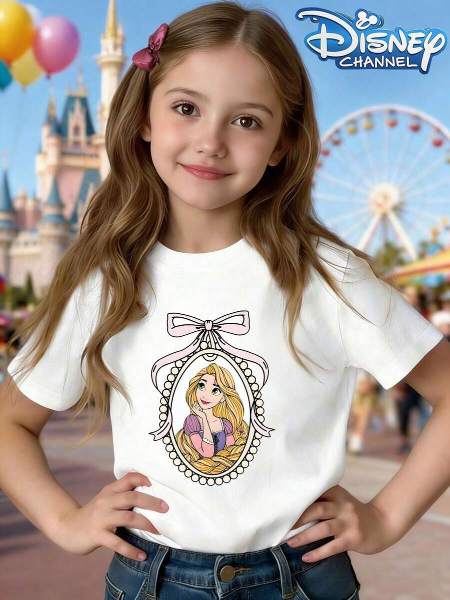 This Disney Animated Film Tangled Character Print Summer T-Shirt Is Suitable For Boys And Girls To Wear To Holiday Parties, Family Gatherings, Outdoor Activities, Travel, And As A Gift For Children Visiting Disneyland. - White - View 1