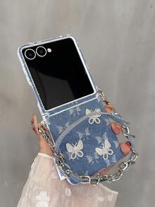 Women's Foldable Phone Case With Side Metal Buckle, Denim, 3 Rhinestones, Butterfly, Wrist Strap, Protective Cover, Fashionable Design, Suitable For Samsung Galaxy Z Flip7, Galaxy Z Flip7 FE, Galaxy Z Flip6, Galaxy Z Flip5 - Multicolor - View 12