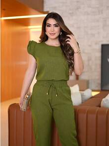 Women's 2-Piece Casual Elegant Set: Pleated Blouse, Cotton Linen Pants With Ruffled Sleeves, Scrub Set, Spring/Summer 2025 Fashion Colors. - Hijau Limau/Berkerut - View 5