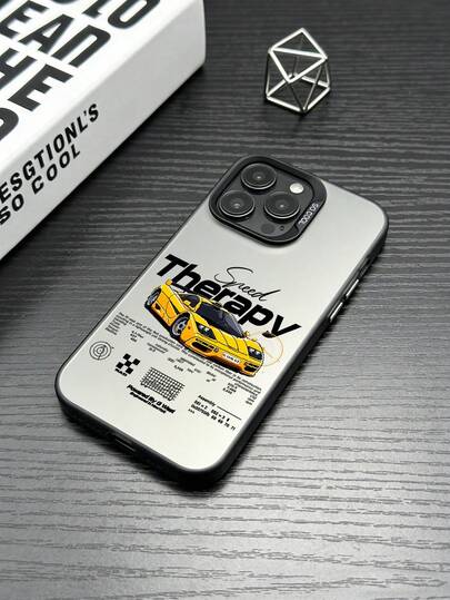 Speed Therapy Phone Case – Matte Gray Hard Shell With High-Performance Sports Car Design Featuring A Yellow F1 Style Supercar, Speed Therapy Artistic Typography, Technical Specifications (6.1L V12, 627 HP, 460 Lb-Ft Torque), Performance Graphs (Radar Chart, Power Curve), 'Powered By G West' Branding, RAD Logo, Anti-Slip Texture & Scratch-Resistant Coating, Metal Frame & Full Camera Protection Compatible With IPhone 14/15 Pro Max