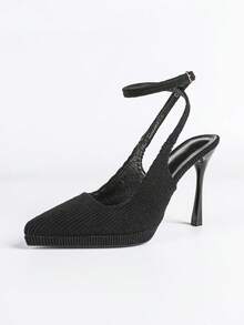 Women's Pointed Toe Thick Sole Backless Sandals With Metal Buckle, Elegant High Heels, Basic Style For Summer & Autumn - Black - View 15