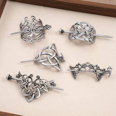 1pc Vintage Silver Celtic Knot Hair Clip, Featuring A Celtic Knot Core Design Paired With Curled Vines And Symmetrical Geometric Patterns, Made Of Alloy Material With Matte Or Glossy Finish, Rectangular Shape With Anti-Slip Or Decorative Ends, Vintage Metal Hair Accessory For Women Suitable For Daily Commute, Retro Outfits Or Special Occasions, Bun Extension, Hair Styling Pins, Pins For Hair