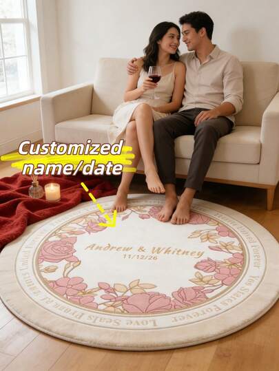 1 قطعة سجادة دائرية مصنوعة من الصوف الاصطناعي مخصصة - اسم الزوجين والتاريخ قابل للطباعة، بنمط زهري مقاس 120 سم لعيد الحب، قاعدة مانعة للانزلاق، ديكور رومانسي لغرفة النوم/المعيشة، هدية شخصية لمناسبة الخطوبة/الذكرى السنوية