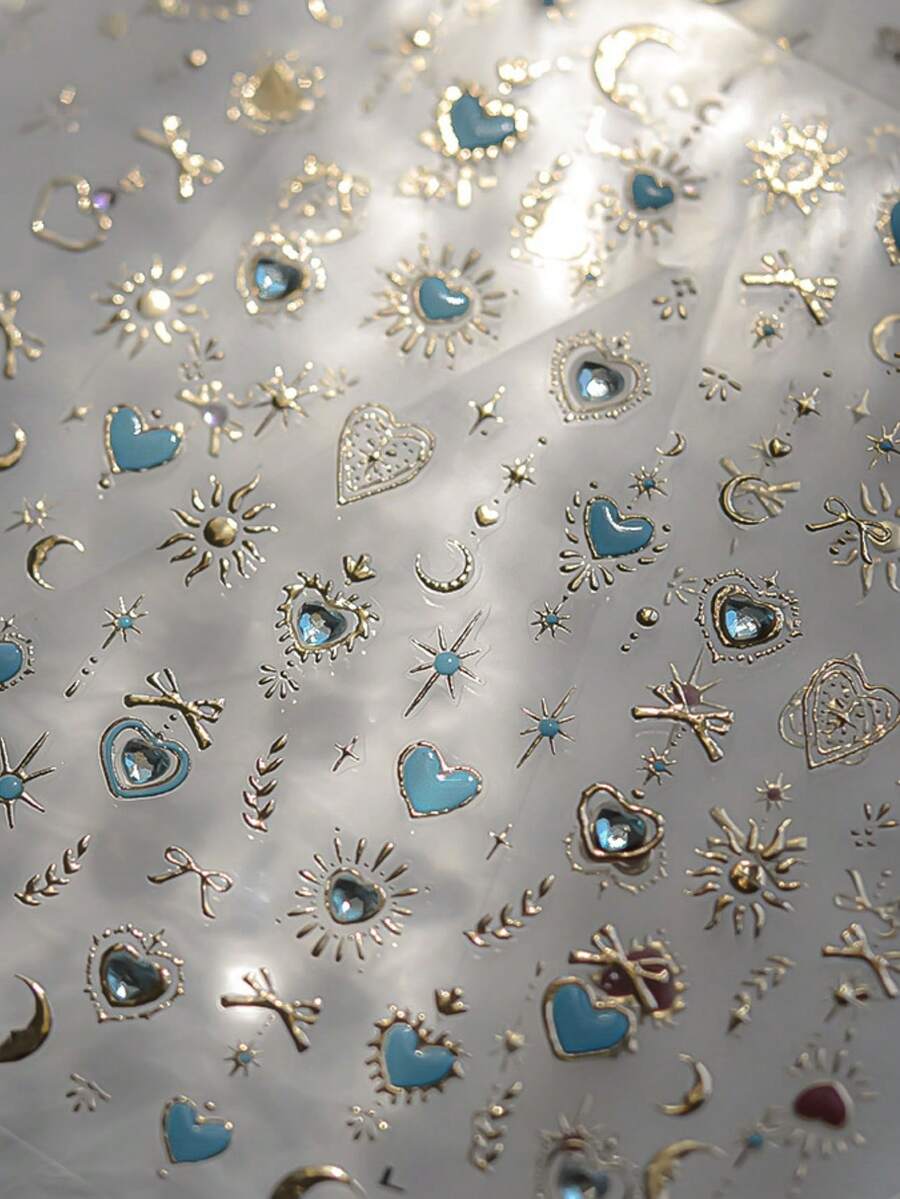 金色图腾和蓝色爱心美甲贴纸，极光全息星月蝴蝶5D自粘美甲水钻贴纸，DIY美甲装饰贴纸 - 彩色 - 查看 1