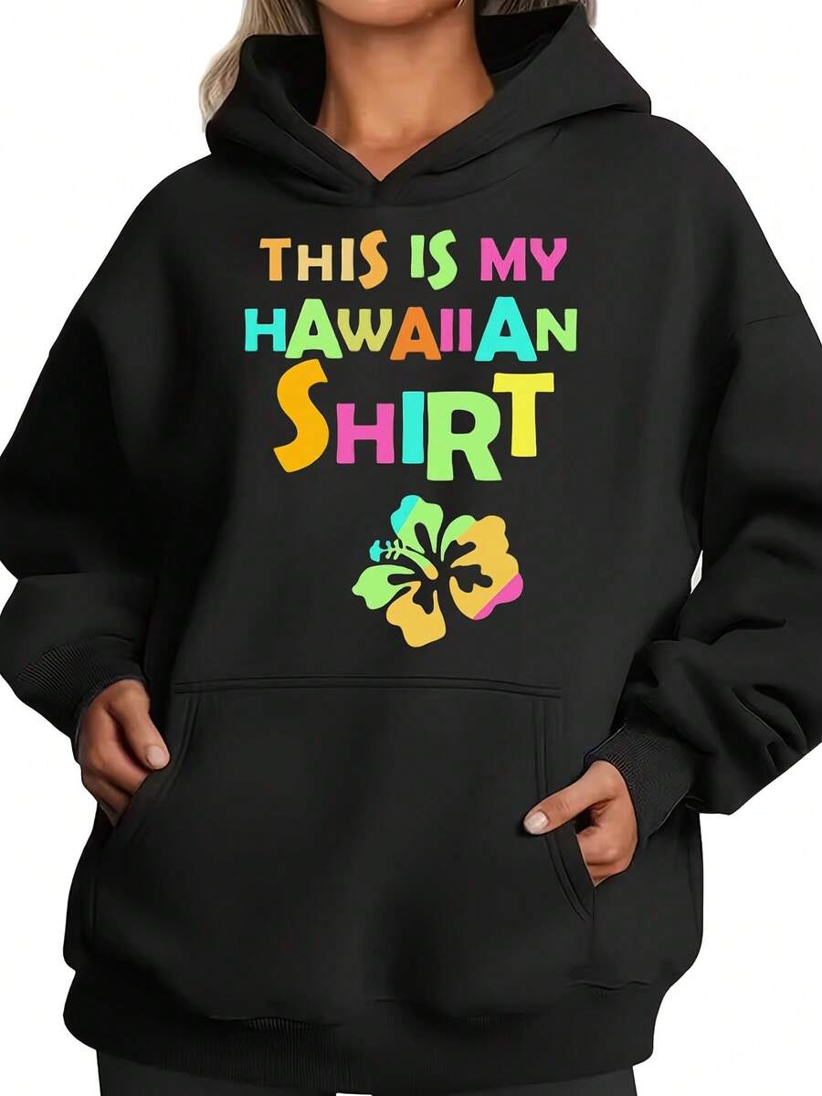 Women Hoodie Colorful Hawaii Shirt Text And Flower Print Pullover Sweatshirt Casual Wear For Beach Vacation Comfortable Fabric Perfect As Gift - 黑色 - 查看 1