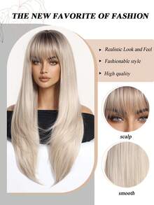 26英寸长直发渐变金色假发，带刘海，耐热合成假发，适合女性日常佩戴 - 挑染金色 - 查看 9